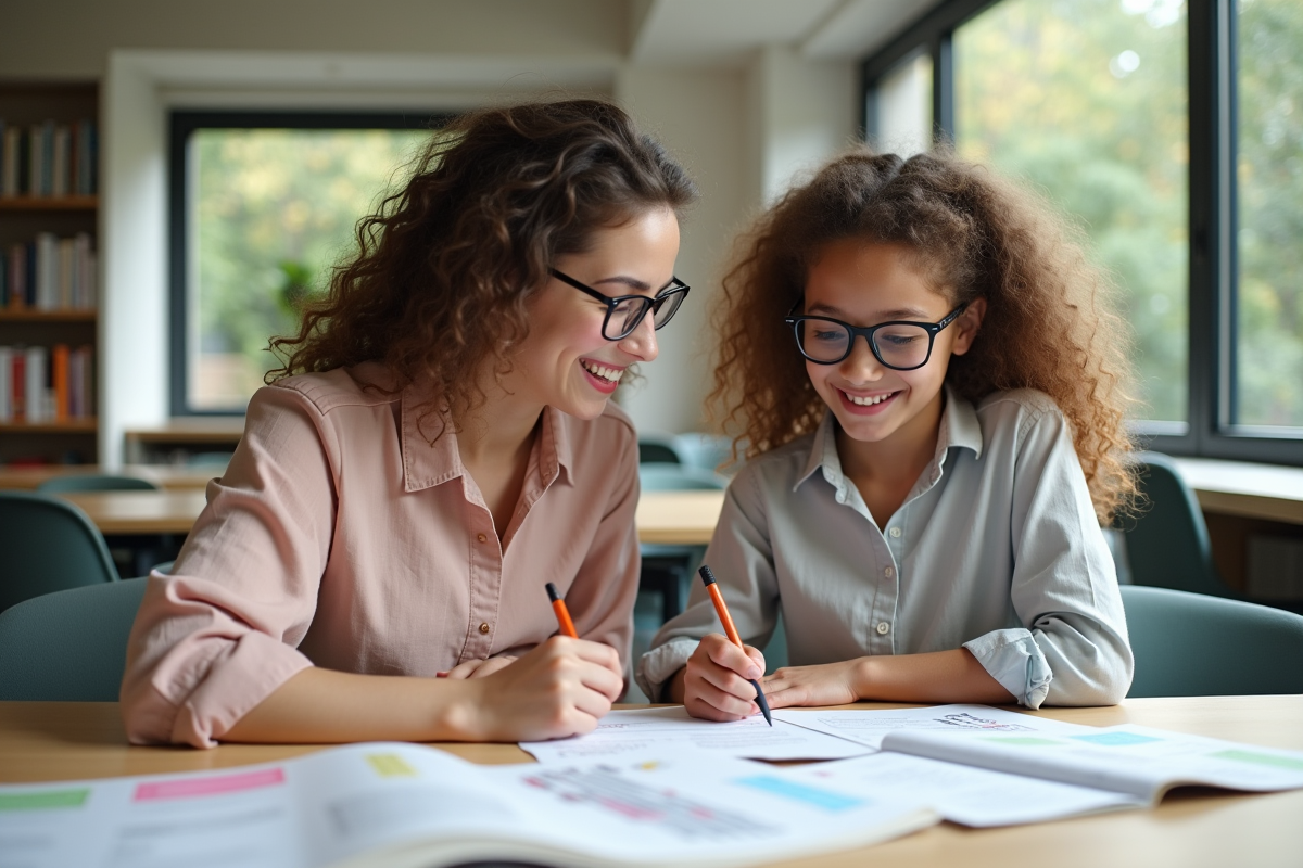 Professeure aidant une élève dans un centre éducatif
