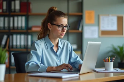 Enseignante consultant l'interface LSU sur ordinateur portable dans un bureau scolaire pour préparer les bulletins de fin d'année