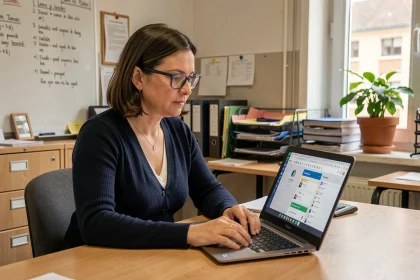 Enseignante utilisant un portail éducatif académique sur son ordinateur portable dans une salle administrative d'école en France
