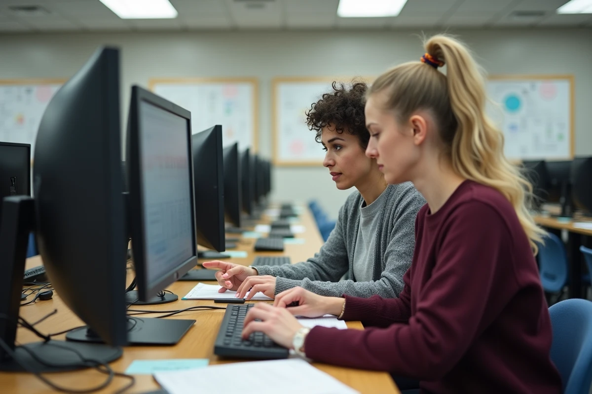 Deux enseignantes collaborant sur la plateforme LSU de l'académie de Versailles pour gagner du temps sur la rédaction des bulletins scolaires