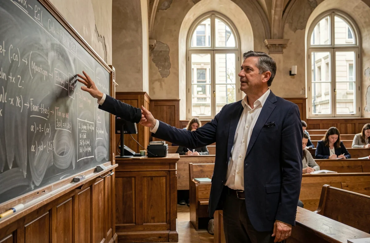 Professeur enseignant dans un amphithéâtre d'école classique traditionnelle avec tableau noir et étudiants attentifs