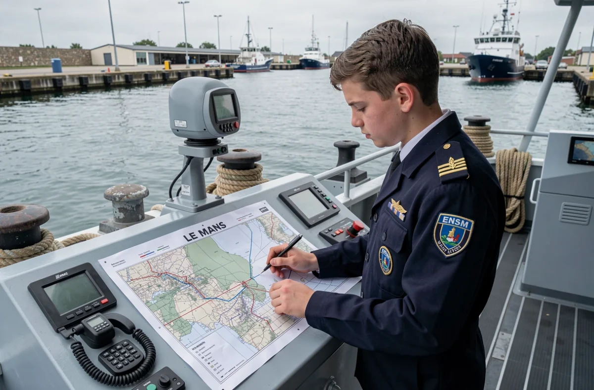 Étudiant de l'ENSM en uniforme maritime étudiant des cartes de navigation sur un navire d'entraînement