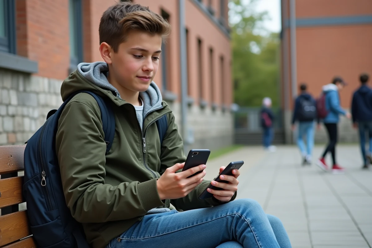 Lycéen se connectant à l'ENT Aisne sur smartphone dans la cour de son lycée pendant une pause