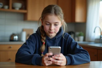Adolescente connectée à l'ENT Aisne sur smartphone depuis la cuisine, interface de connexion visible sur l'écran