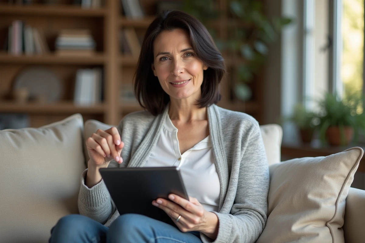 Parent utilisant une tablette pour accéder à l'ENT Aisne depuis le salon, interface de l'espace numérique de travail visible
