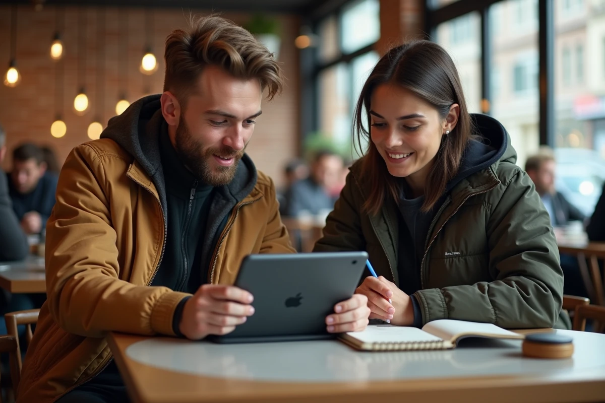 Deux amis s'entraident pour réviser le code moto ensemble dans un café avec une tablette