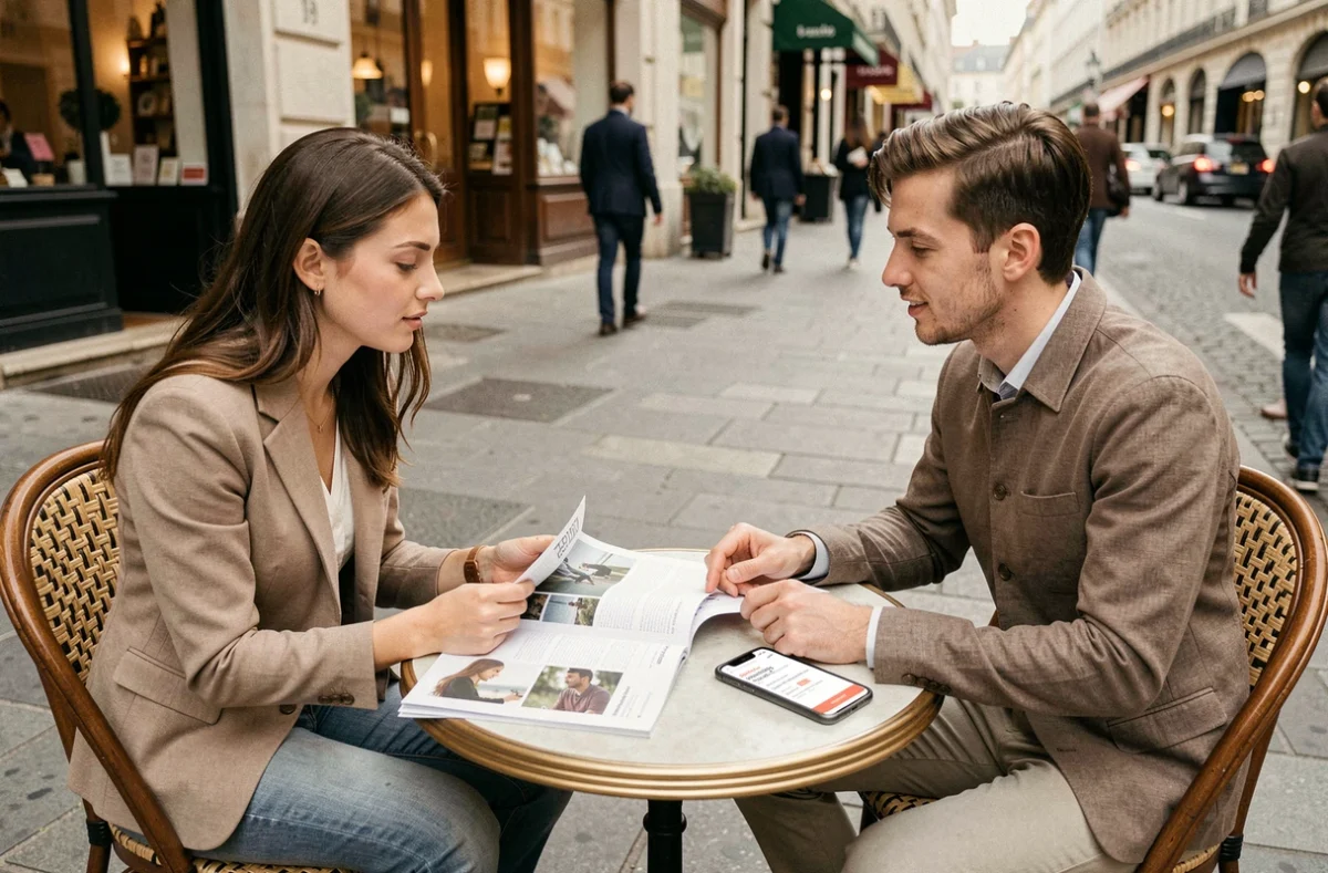 Deux jeunes entrepreneurs discutant d'un abonnement magazine business autour d'un café en terrasse parisienne