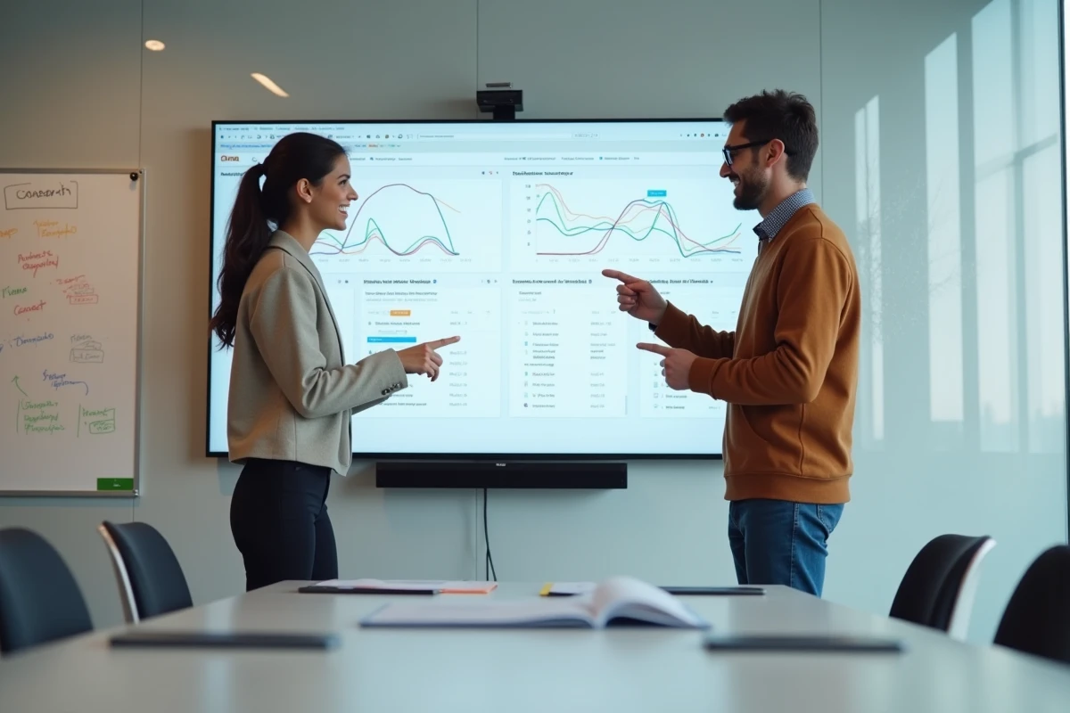 Équipe marketing en réunion analysant un entonnoir de vente et des statistiques de campagne emailing sur écran mural