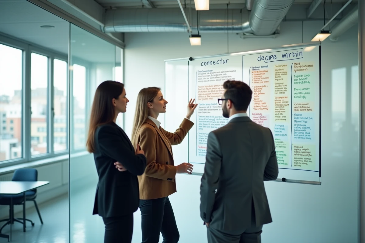 Équipe professionnelle en réunion analysant les mots connecteurs essentiels sur un tableau blanc en 2026
