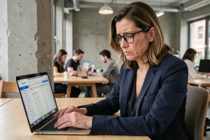 Professionnelle lyonnaise frustrée devant un profil en ligne mal optimisé sur un annuaire professionnel
