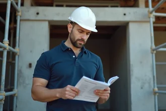 Un professionnel du BTP examine un catalogue de formation devant un bureau de chantier, illustrant les erreurs à éviter avant de s'inscrire à une formation BTP