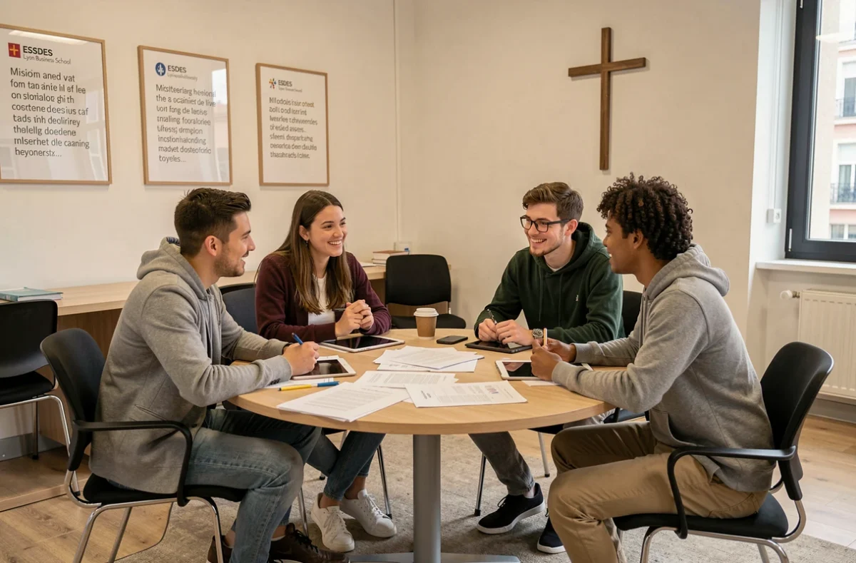 Groupe d'étudiants travaillant en équipe dans un espace collaboratif à l'ESDES Lyon Business School