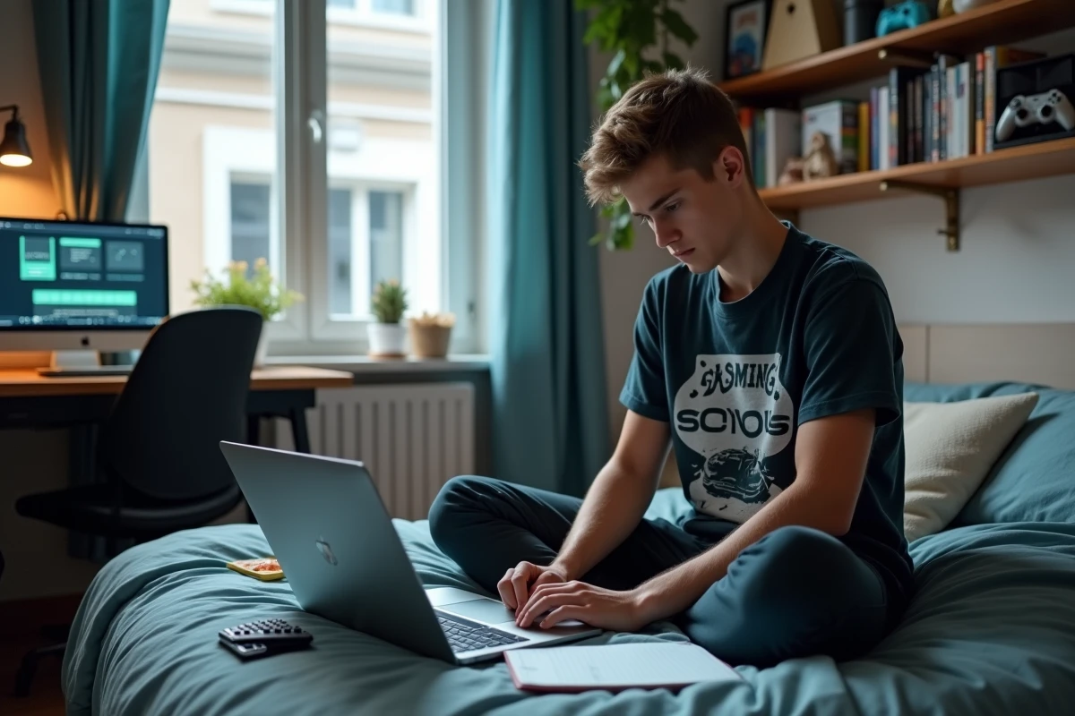 Étudiant calculant son budget mensuel de vie étudiante pour financer sa formation dans une école de jeux vidéo