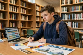 Étudiant consultant un classement d'écoles d'ingénieurs à la bibliothèque universitaire