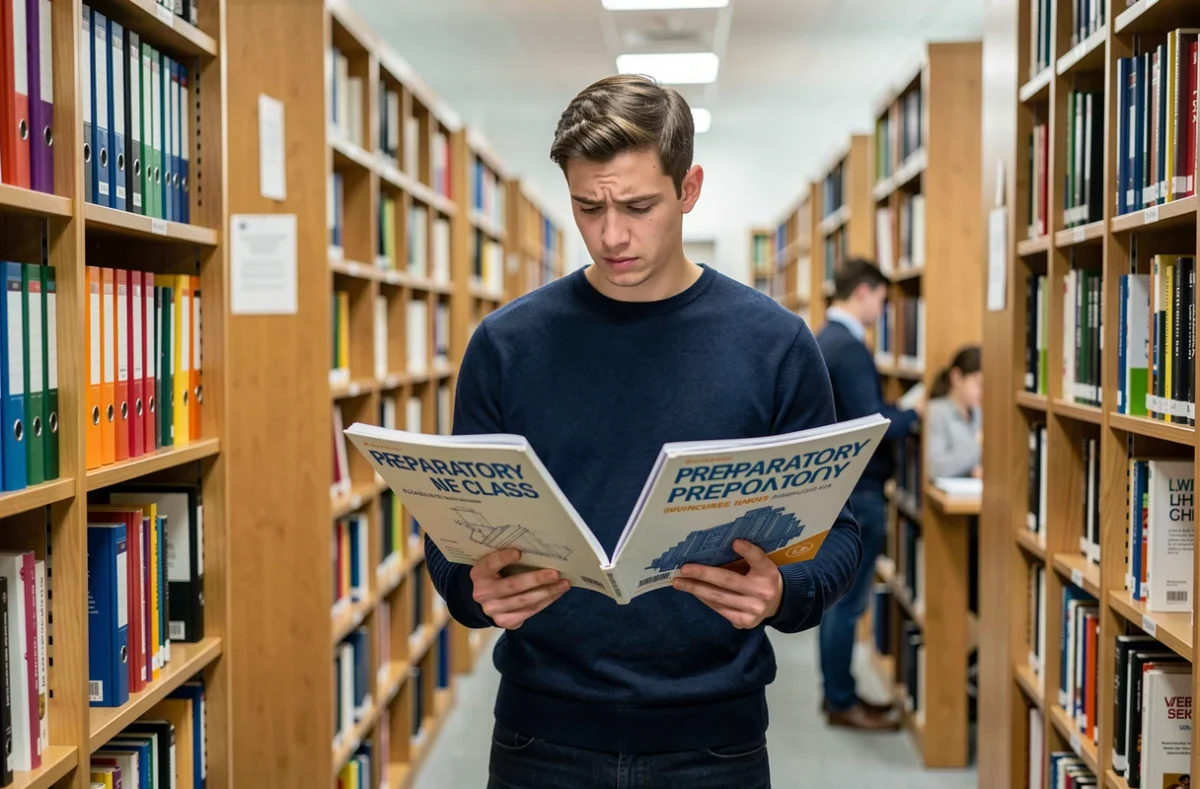 Étudiant comparant deux cahiers de prépa dans une bibliothèque universitaire