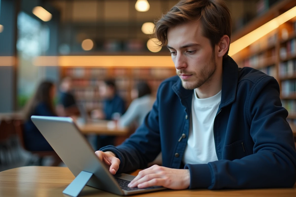 Étudiant accédant à l'ENT AMU sur une tablette dans une bibliothèque universitaire