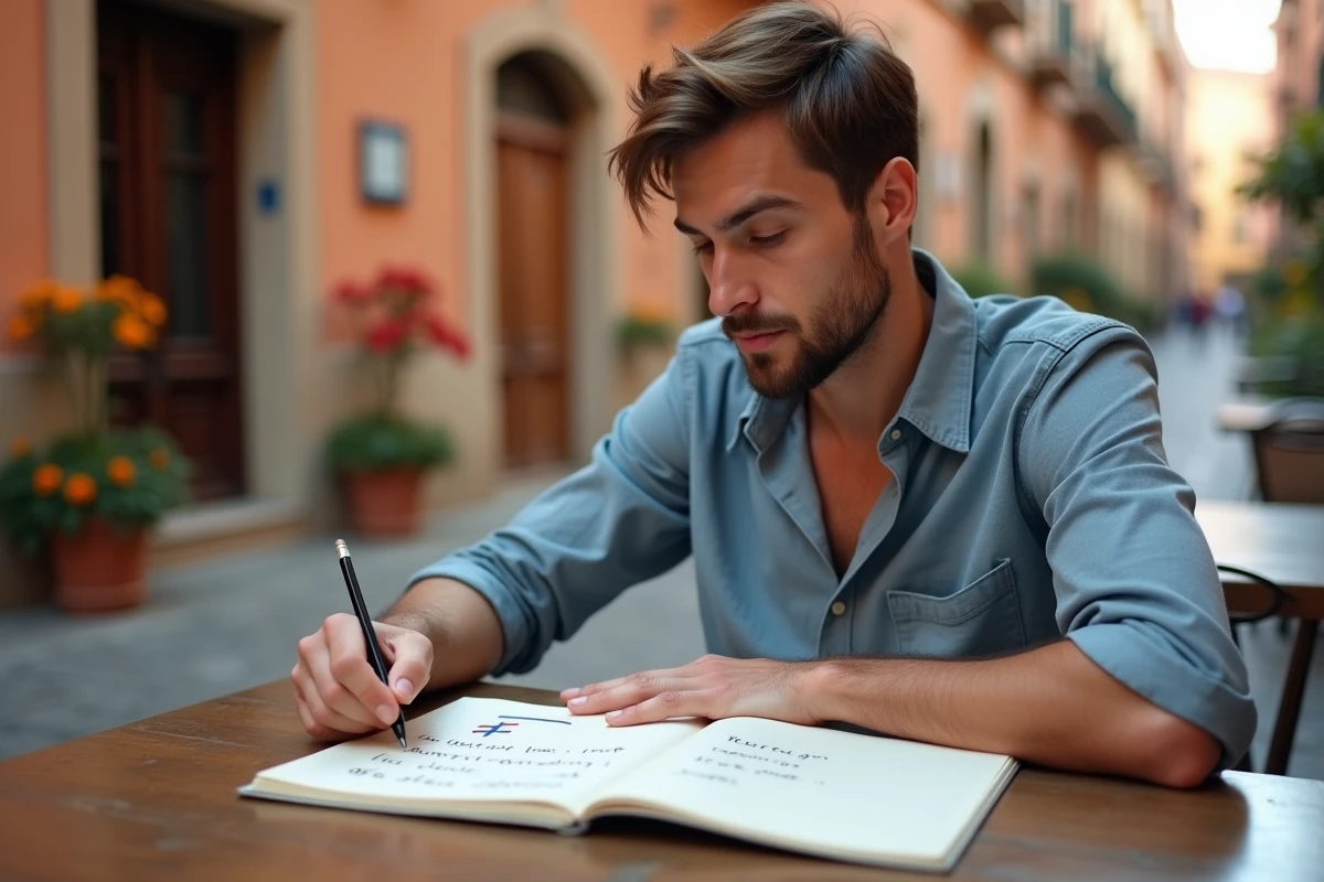 Étudiant en espagnol révisant la lettre ñ dans un cahier à la terrasse d'un café