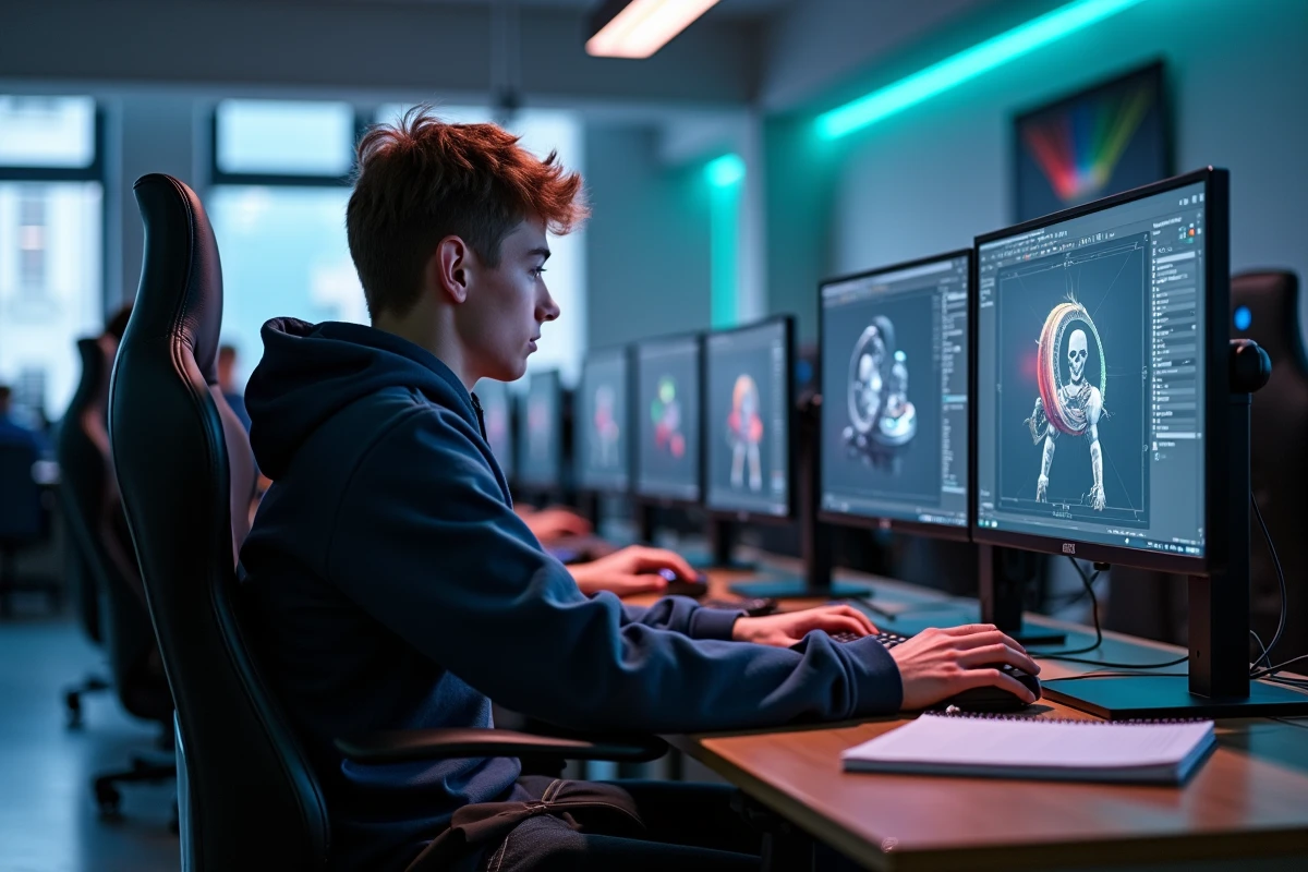 Étudiant en études de jeux vidéo travaillant sur un poste de travail gaming dans un campus universitaire spécialisé
