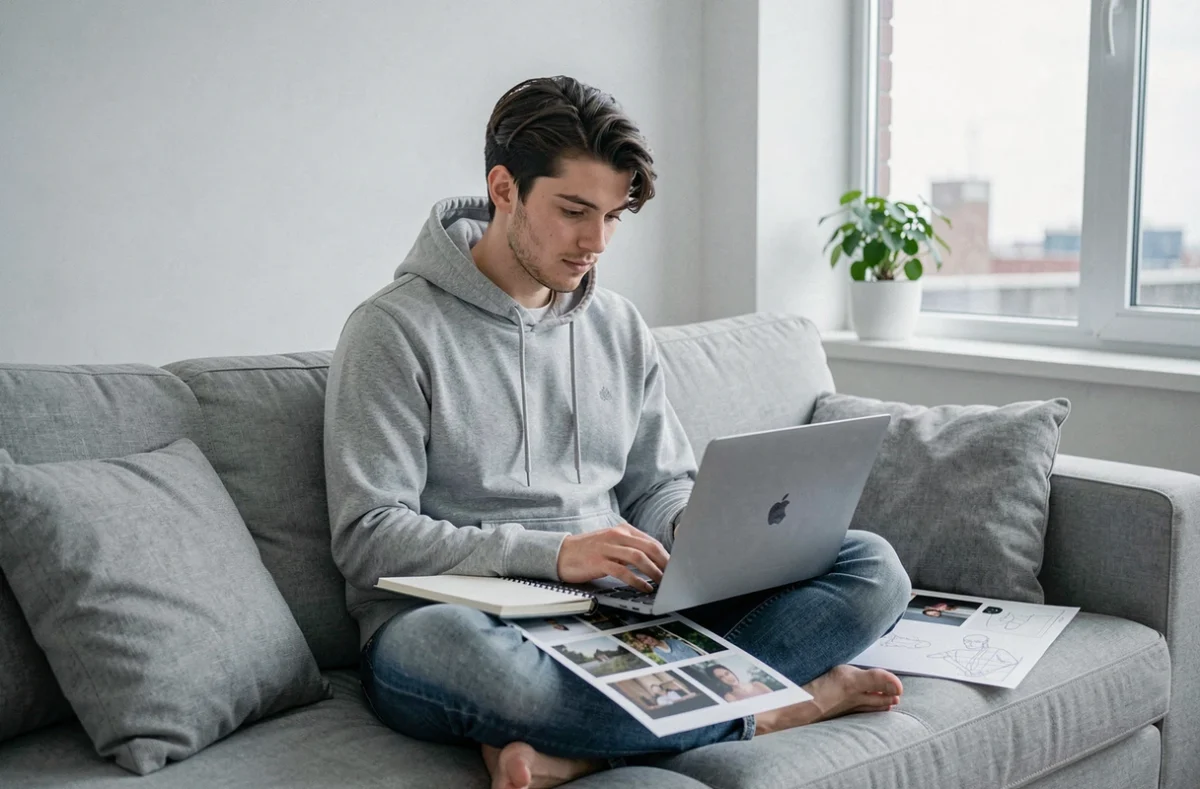Jeune étudiant révisant son portfolio photographique sur ordinateur portable entouré de planches contact et d'un carnet de croquis dans un appartement moderne