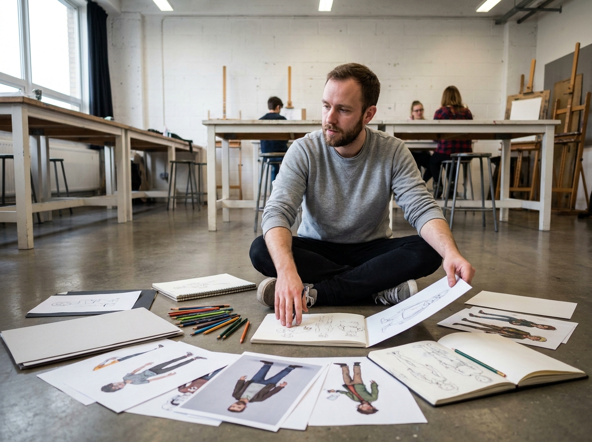 Étudiant en illustration organisant les pages de son portfolio de concept art sur le sol d'un atelier d'école d'art