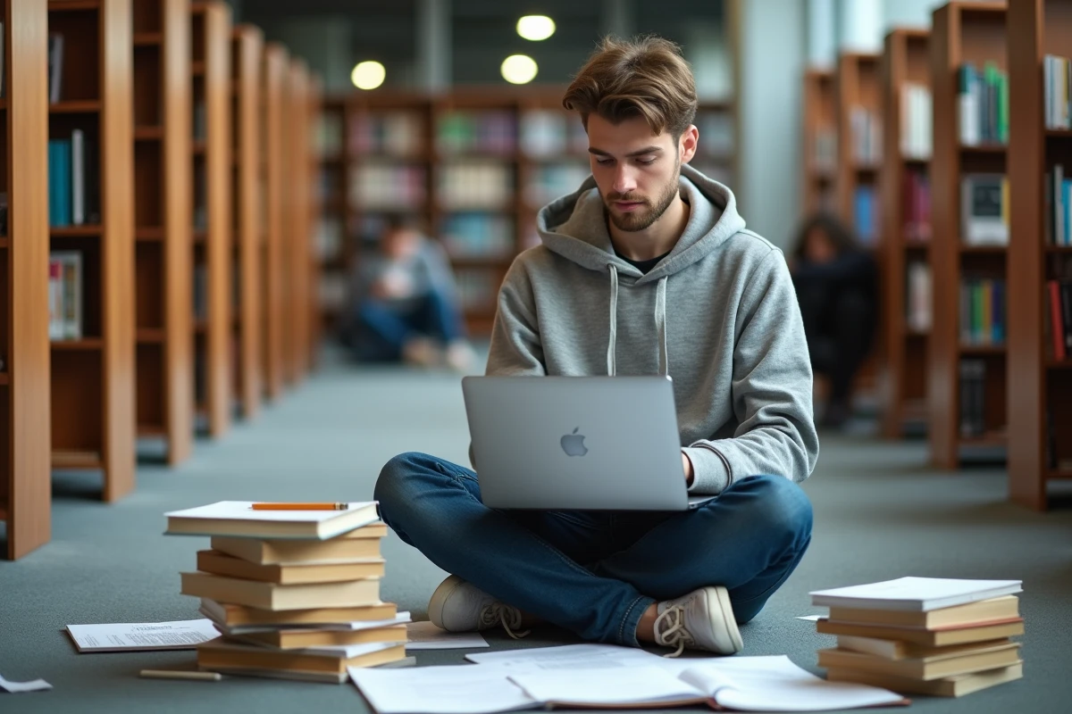 Jeune homme révisant la conjugaison du verbe rejoindre au passé simple entouré de livres de grammaire française dans une bibliothèque universitaire