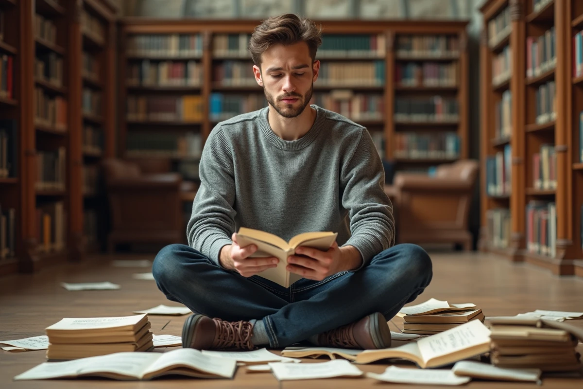 Étudiant révisant les mots connecteurs et expressions de liaison dans une bibliothèque universitaire en 2026