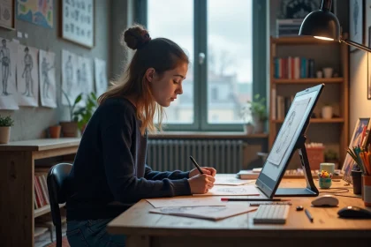 Étudiante en animation aux Gobelins Paris travaillant sur des storyboards et une tablette graphique dans un studio professionnel