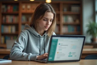 Étudiante connectée à la plateforme e-Greta Moodle sur un ordinateur portable dans une bibliothèque universitaire