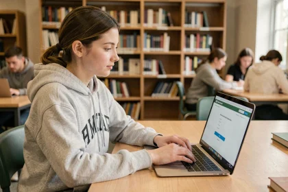Étudiante connectée à l'ENT de Centrale Marseille sur son ordinateur portable en bibliothèque universitaire