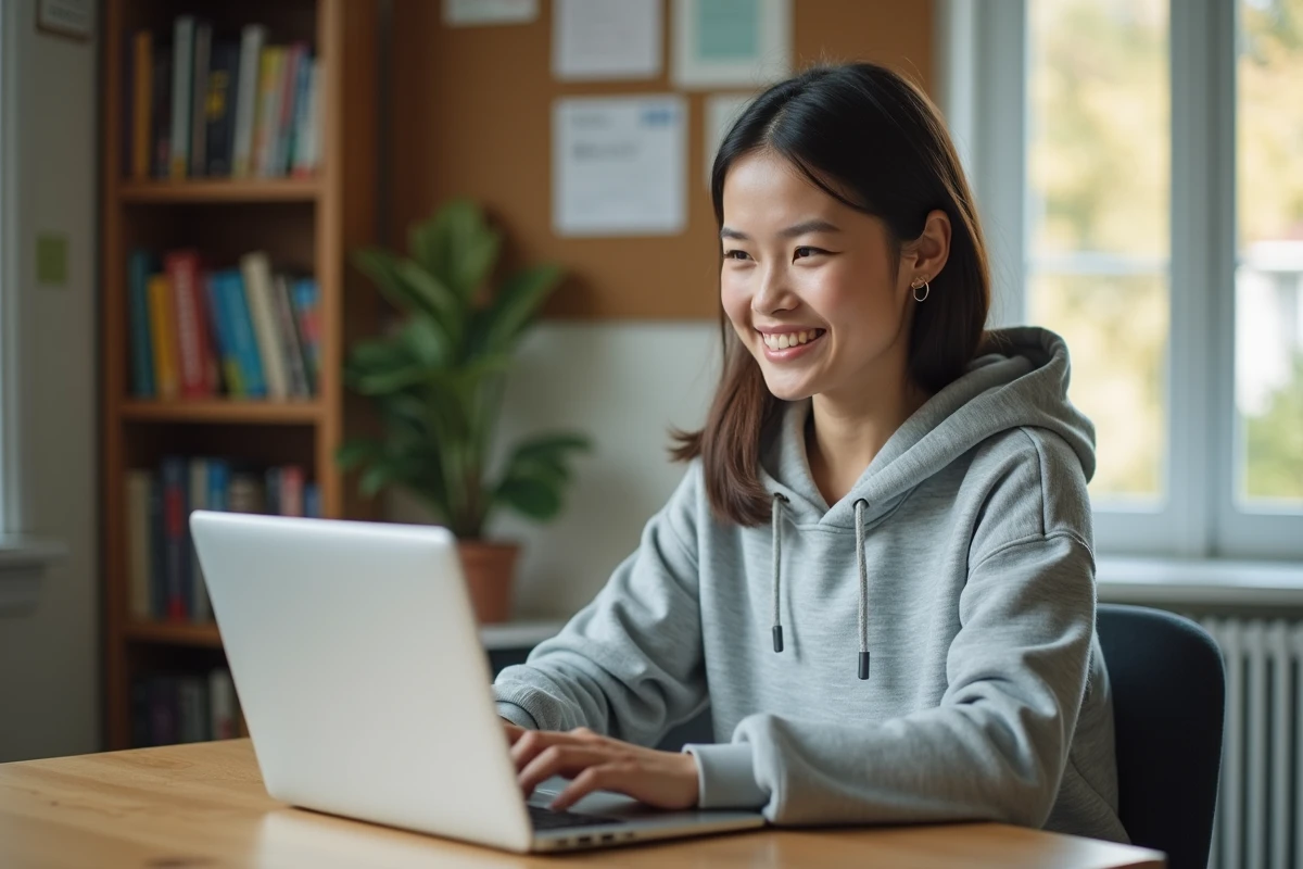 Étudiante connectée à l'ENT AMU sur son ordinateur portable depuis son appartement universitaire