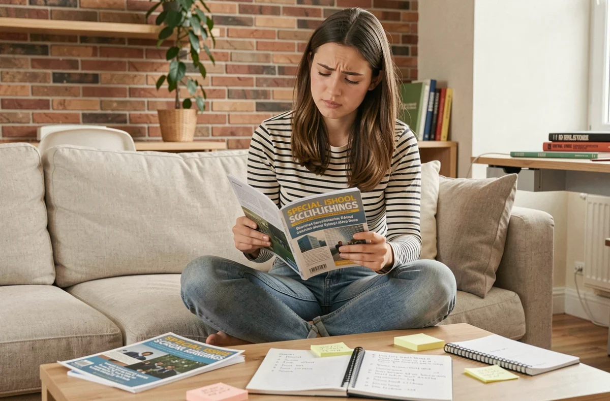Étudiante lisant un magazine de classement des écoles d'ingénieurs dans son appartement