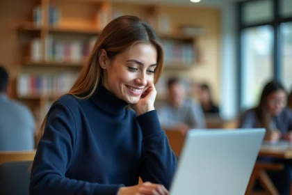 Étudiante consultant le portail Mycampus sur son ordinateur portable dans une bibliothèque universitaire moderne en 2026