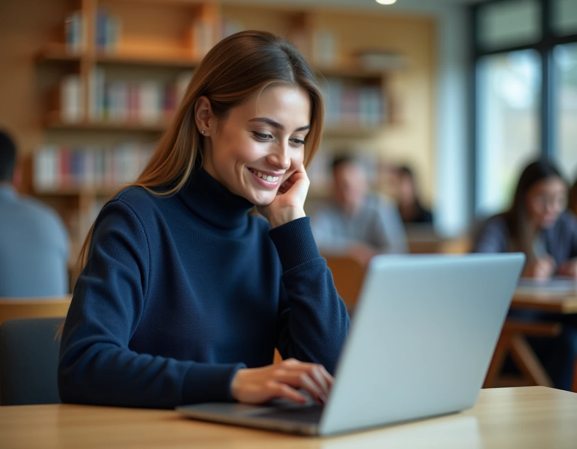 Étudiante consultant le portail Mycampus sur son ordinateur portable dans une bibliothèque universitaire moderne en 2026