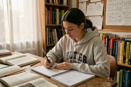 Étudiante en classe préparatoire prenant des notes dans un cahier de prépa scientifique à son bureau