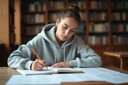 Étudiante révisant des équivalents mathématiques sur des fiches de formules dans une bibliothèque universitaire