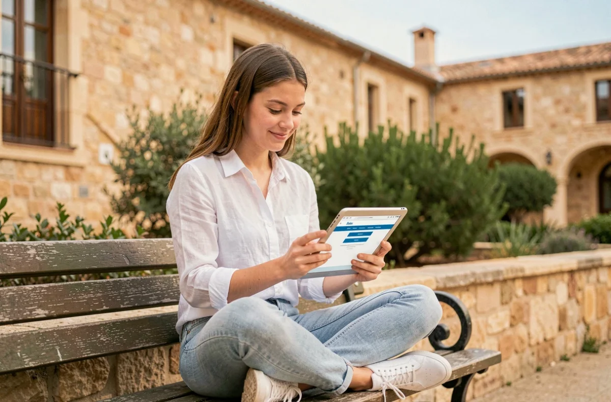 Jeune étudiante se connectant à l'ENT Centrale Marseille sur une tablette en extérieur sur le campus