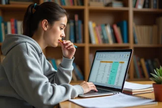 Étudiante utilisant un tableur Excel pour calculer sa moyenne générale sur un bureau en bois encombré de feuilles de notes