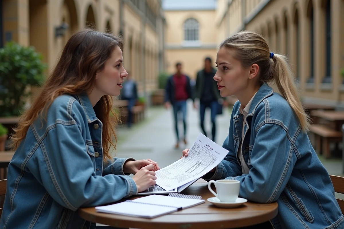 Deux étudiantes comparant les frais de scolarité et le budget de vie dans une école de jeux vidéo sur une terrasse de campus