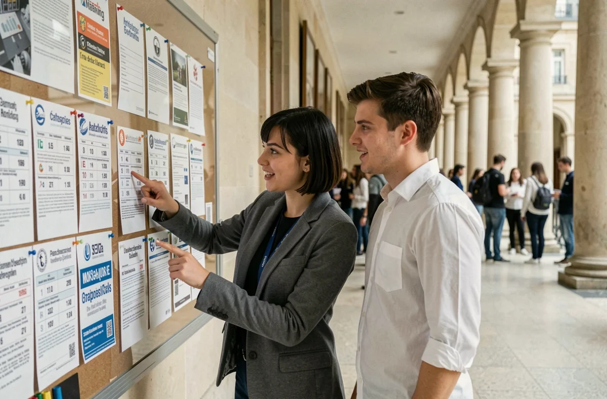 Deux étudiants analysant un tableau de classement des écoles d'ingénieurs dans un couloir universitaire
