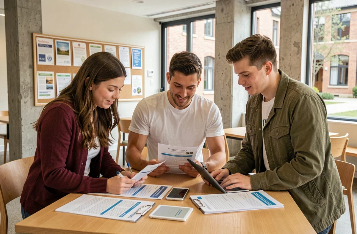 Groupe d'étudiants adultes explorant ensemble les options de financement pour une formation en tourisme sur un campus universitaire
