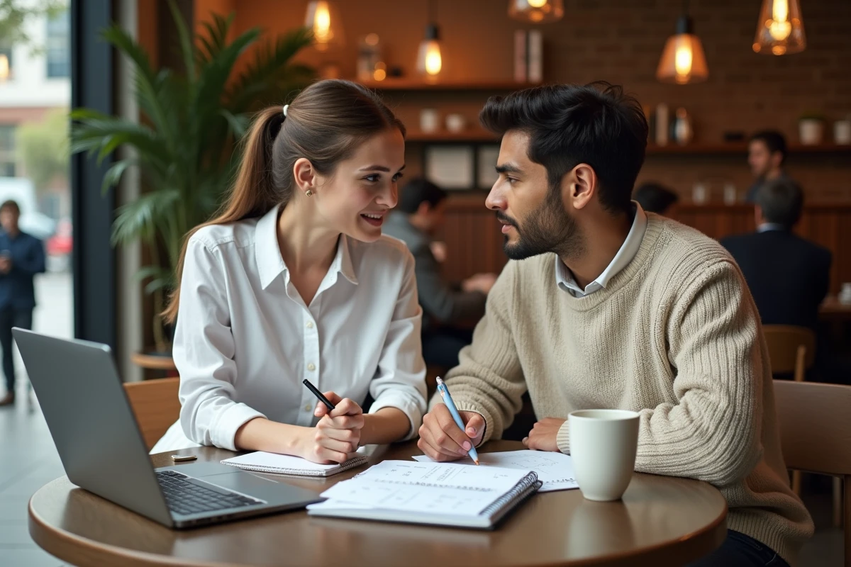 Deux étudiants révisant ensemble les équivalents mathématiques dans un café avec des cahiers et un ordinateur portable