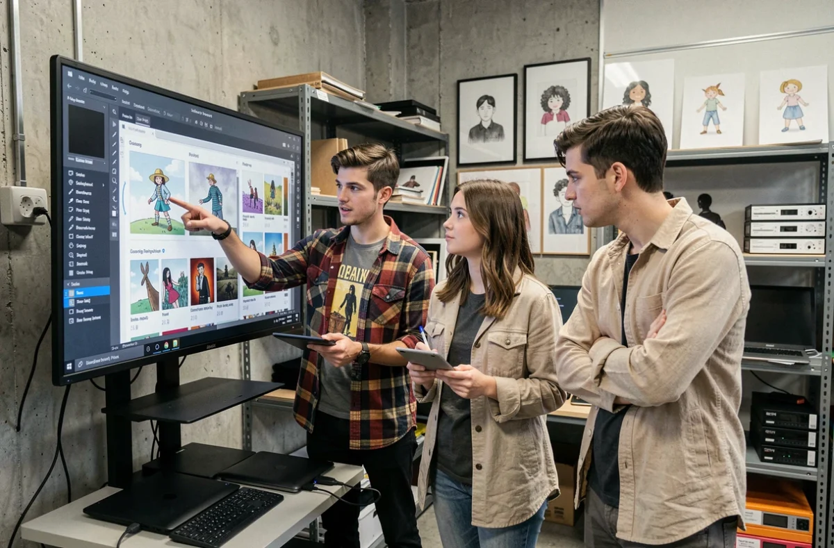 Groupe d'étudiants en formation visuelle discutant d'un portfolio numérique dans un studio créatif de type GOBELINS