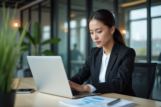 Jeune femme d'affaires analysant des graphiques marketing