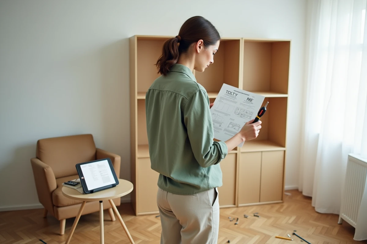 Femme bricolant l'assemblage d'une étagère chez elle en suivant un tutoriel DIY sur tablette