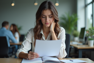 Jeune femme en bureau moderne en pleine réflexion