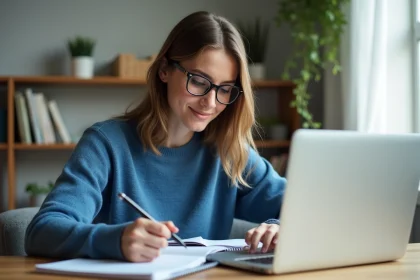 Jeune femme au bureau moderne avec ordinateur et notes