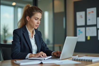Femme en tenue professionnelle dans un bureau moderne