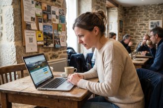 Femme assise au café à Mende utilisant un ordinateur portable
