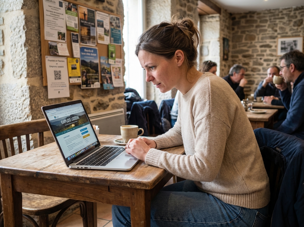 Femme assise au café à Mende utilisant un ordinateur portable