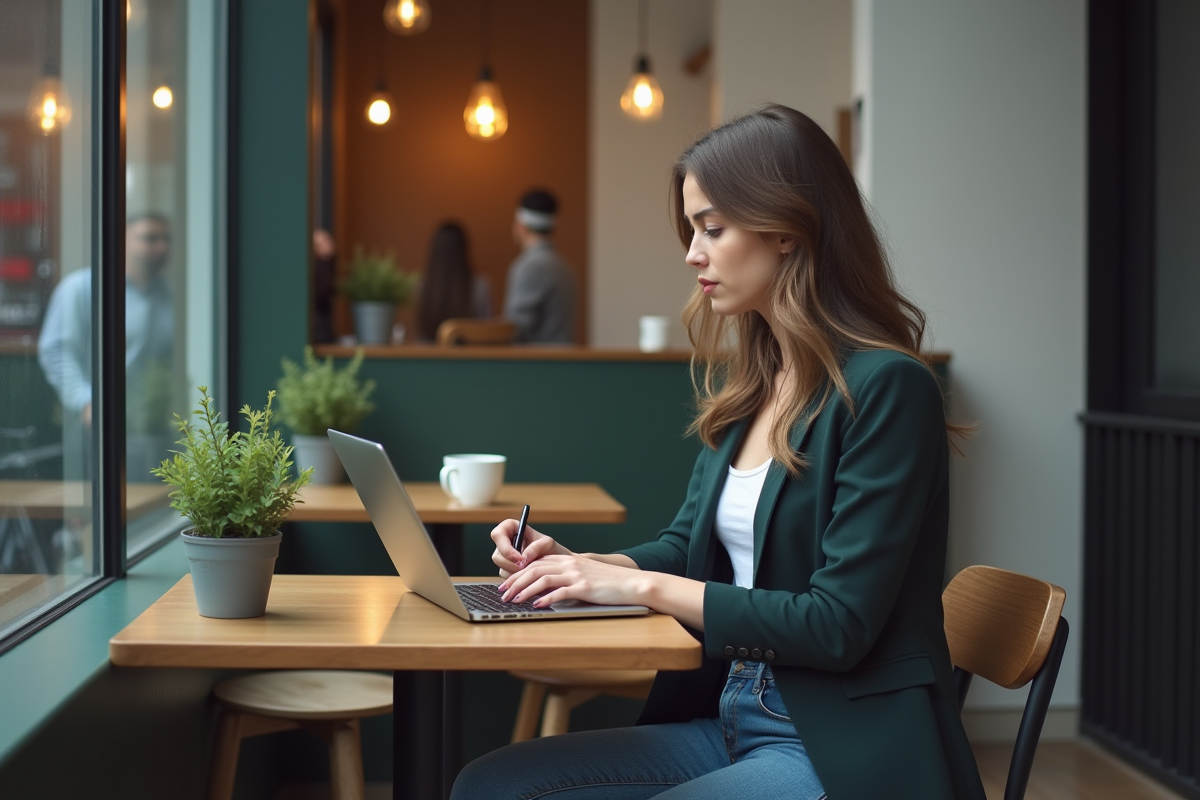 Jeune femme travaillant dans un café urbain en réfléchissant